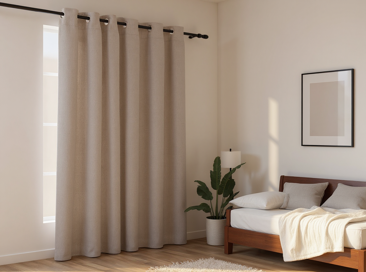 Verdunkelungsvorhang 290 × 245 cm mit Ösen, geschlossen am abgedunkelten Schlafzimmerfenster