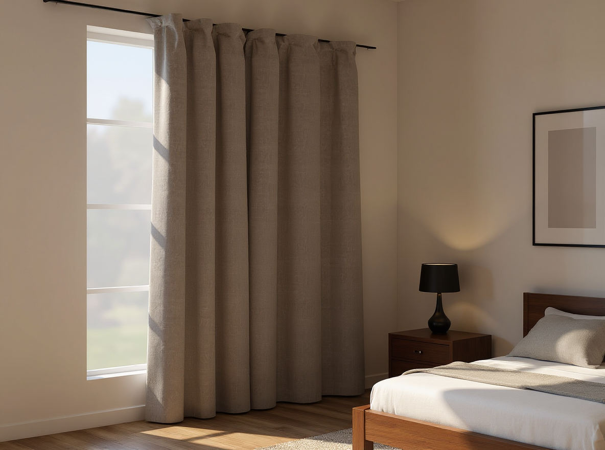Verdunkelungsvorhang 290 × 245 cm in Leinenoptik, geschlossen am Schlafzimmerfenster