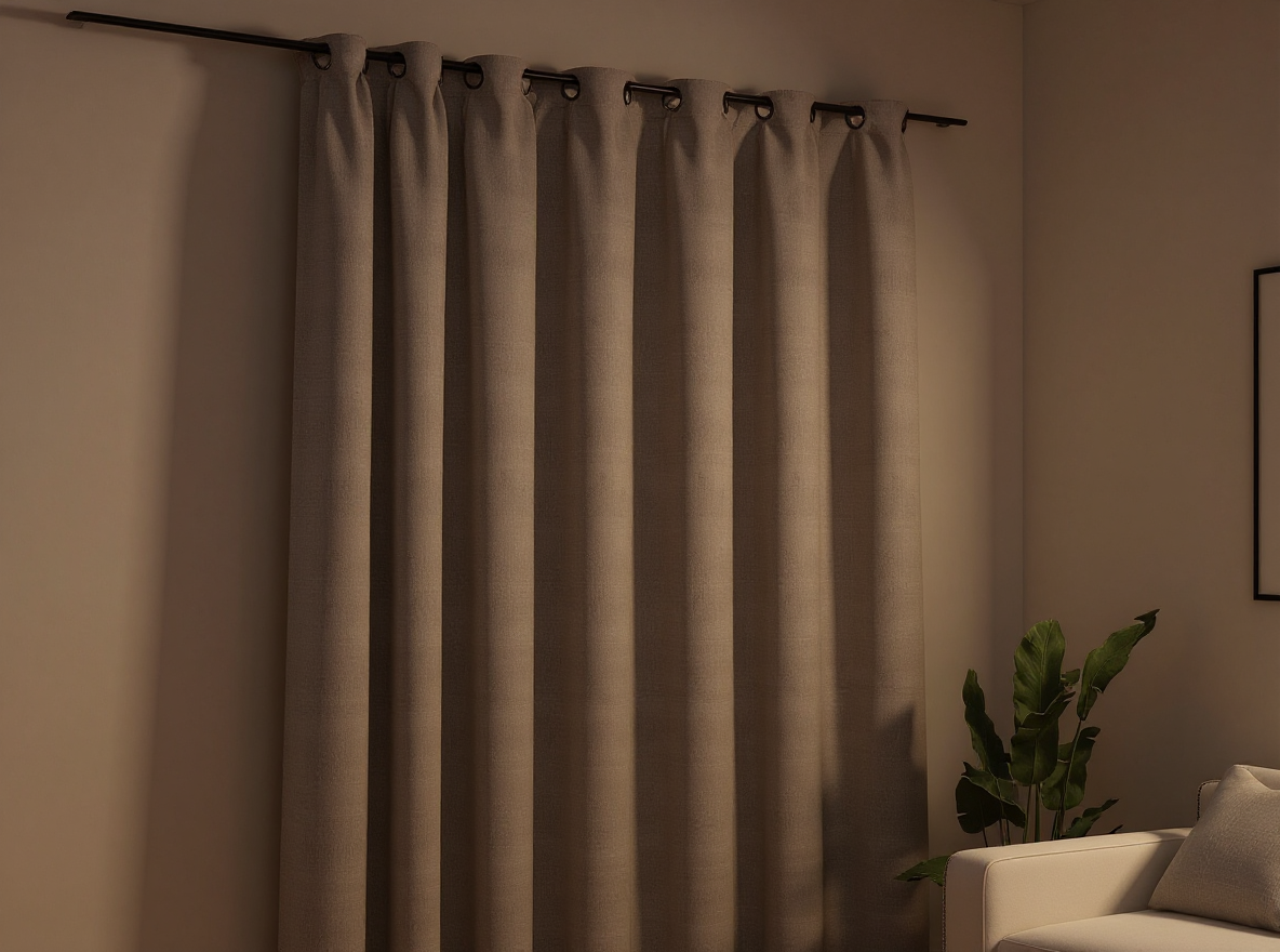 Frisch gewaschener Verdunkelungsvorhang 290 × 245 cm in Leinenoptik am Schlafzimmerfenster