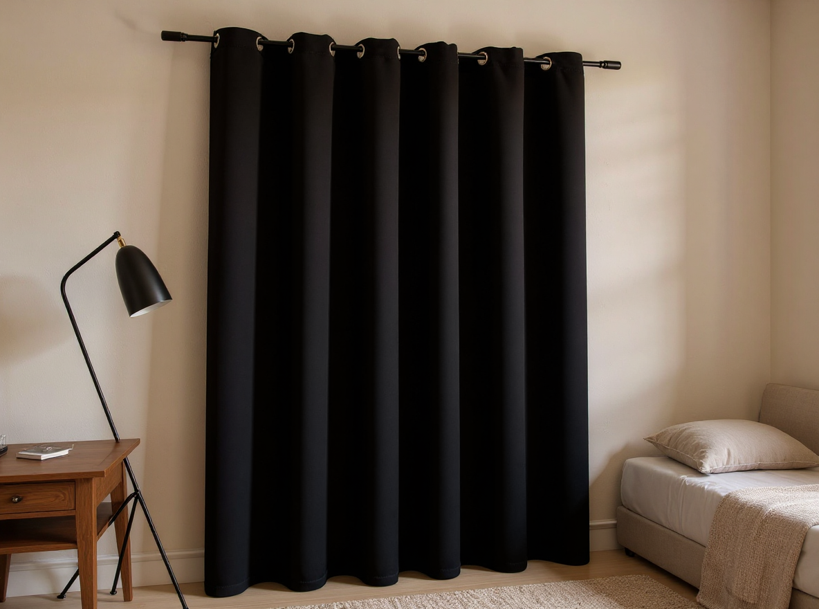 Verdunkelungsvorhang 290 × 245 cm blickdicht geschlossen im abgedunkelten Zimmer