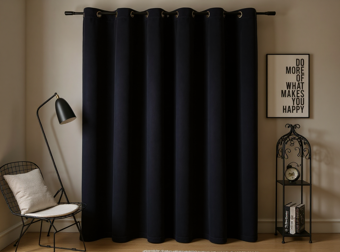 Verdunkelungsvorhang 290 × 245 cm Samt am Wohnzimmerfenster bei warmem Lampenlicht