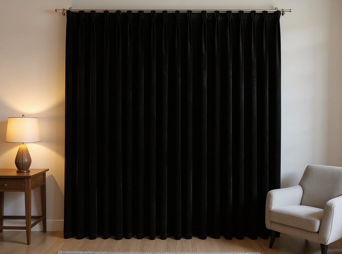Samt-Verdunkelungsvorhang 290 × 245 cm am Fenster im warm beleuchteten Wohnzimmer