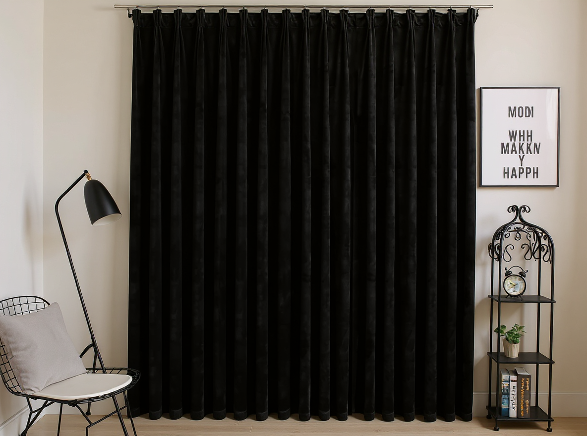 Samt-Verdunkelungsvorhang 290 × 245 cm blickdicht geschlossen im abgedunkelten Schlafzimmer