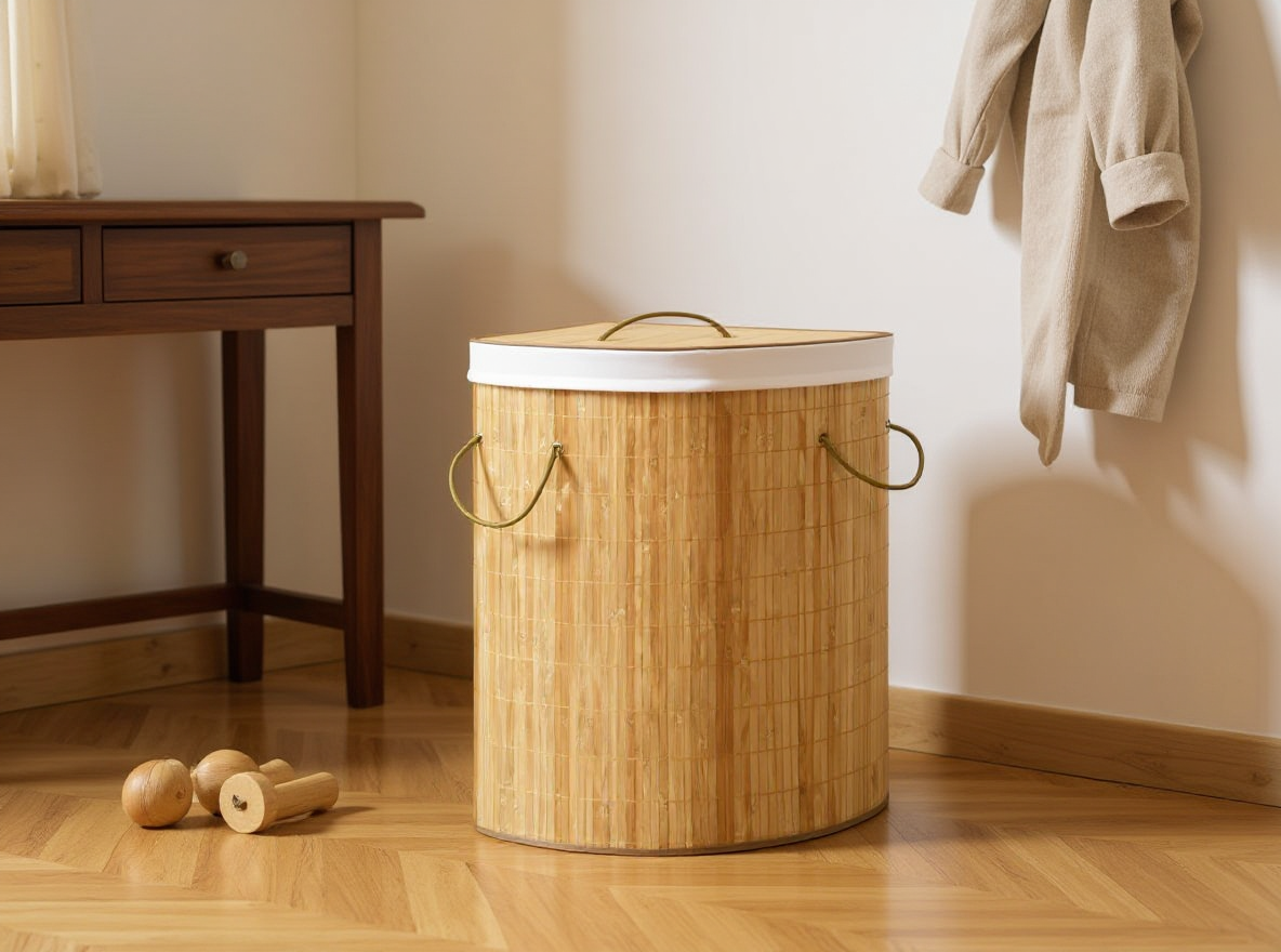 Wäschekorb 60 L aus Bambus als Aufbewahrung im Flur neben einer Konsole, 65 cm hoch
