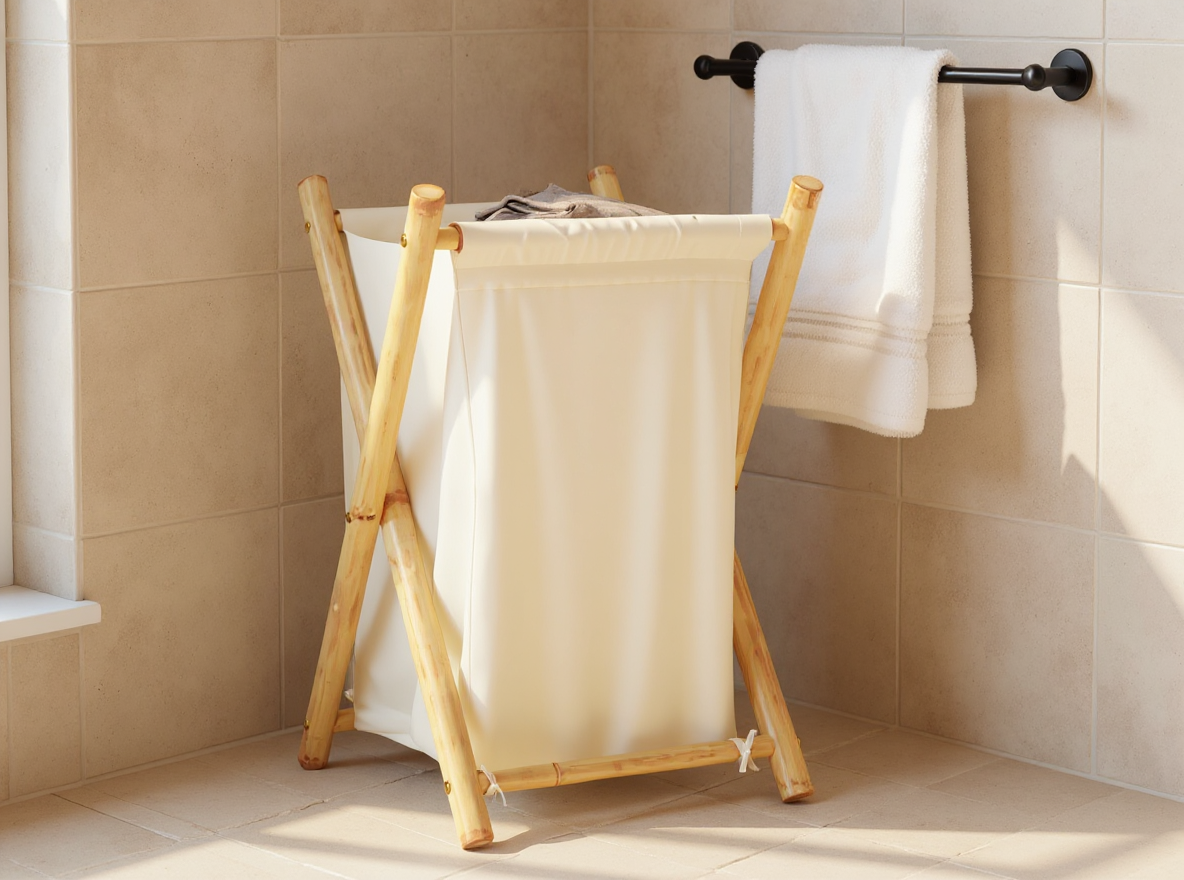 Wäschekorb Cremeweiß aus Bambus mit Naturfinish und Stoffbezug im Bad, 63,5 cm hoch