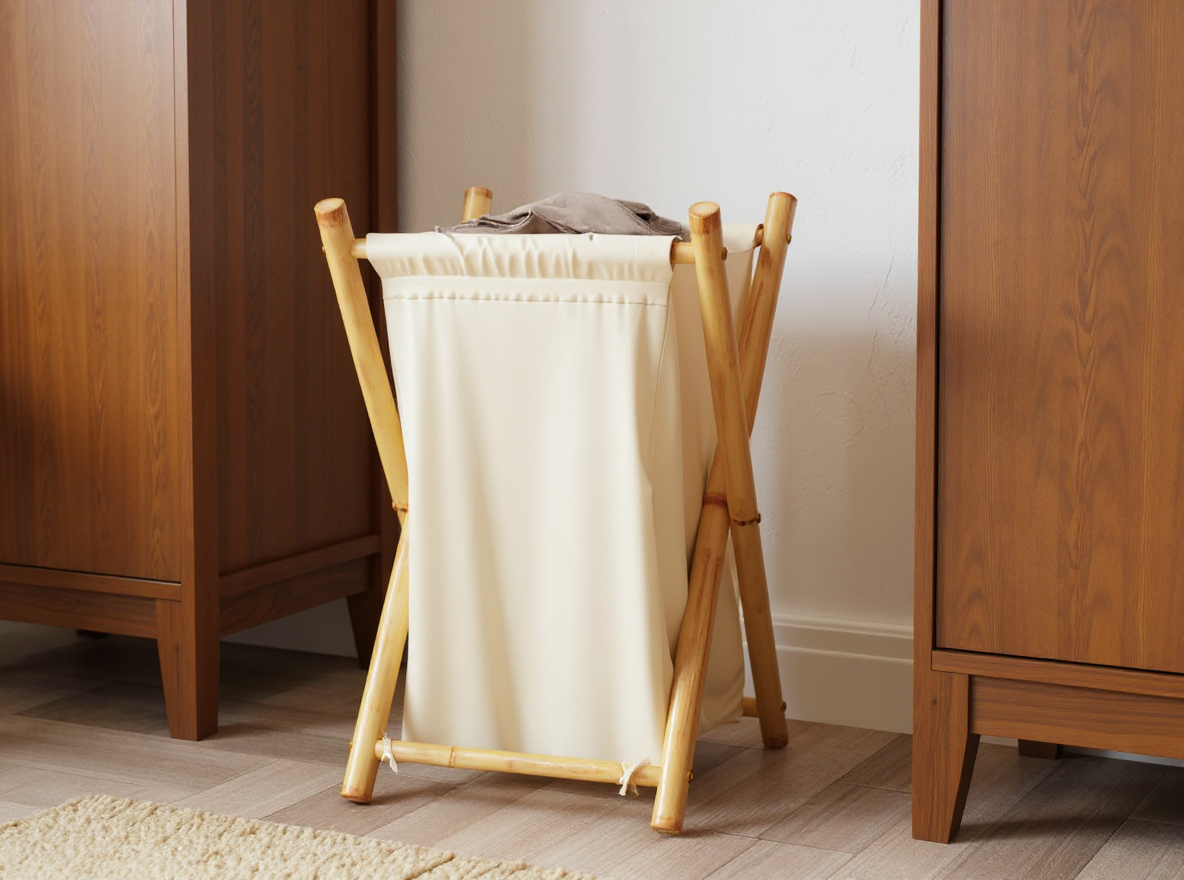 Wäschekorb Cremeweiß mit 41,5 × 36 cm Grundfläche in einer schmalen Nische der Ankleide, 63,5 cm hoch
