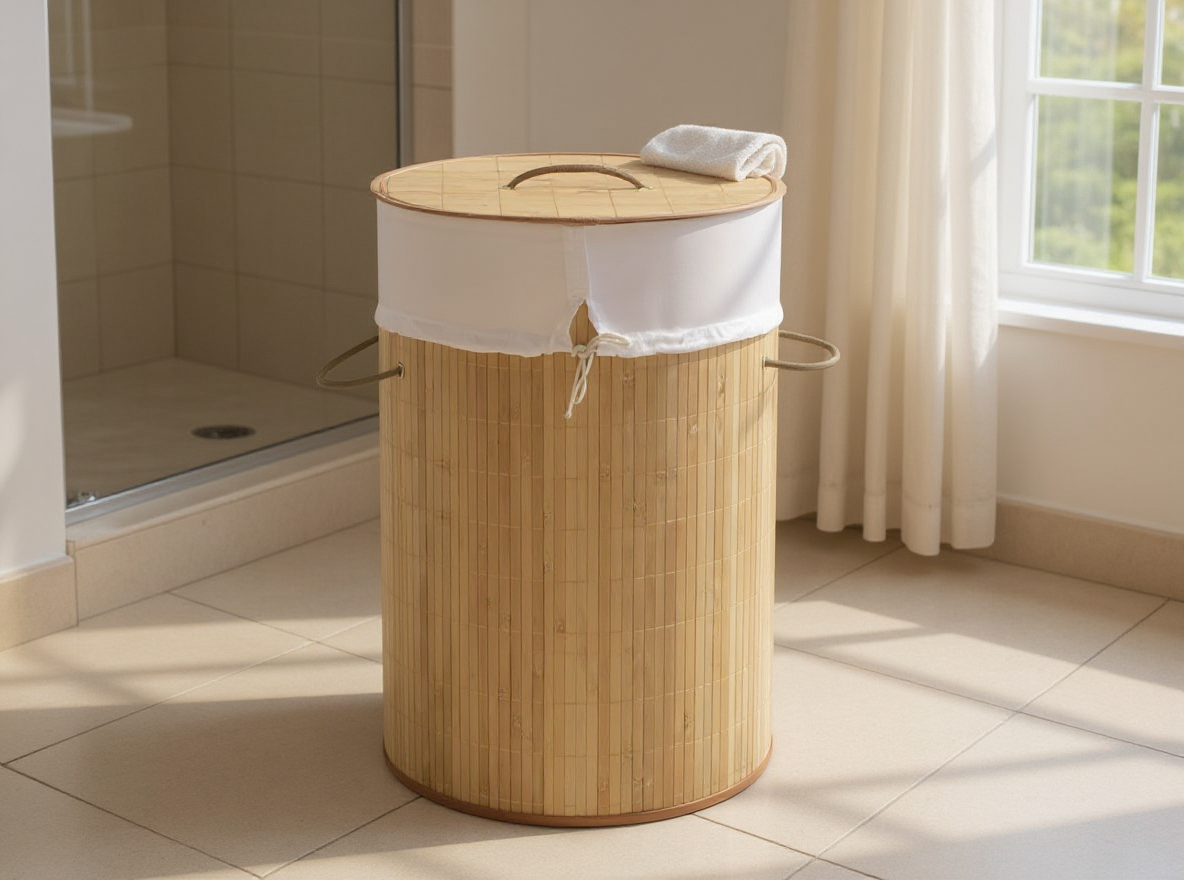 Wäschekorb rund 35 cm aus Bambus mit Polyestereinsatz im Bad neben der Dusche am geöffneten Fenster