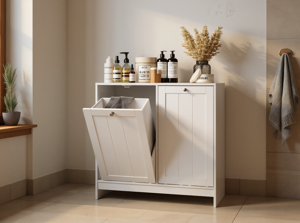 Wäschekorb-Schrank 66 x 33 x 68 cm in Weiß mit zwei Wäschekörben im Bad