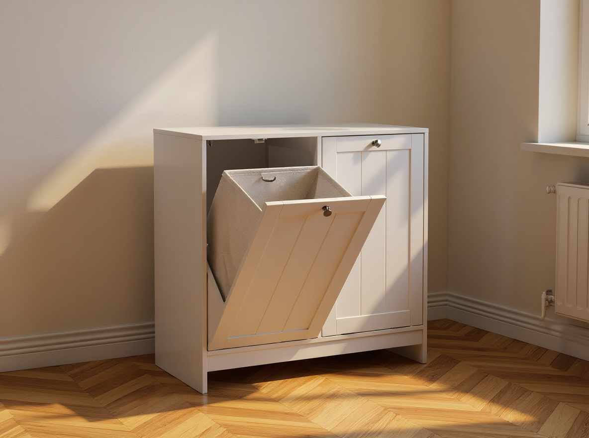 Wäschekorb-Schrank 68 cm in Weiß neben der Waschmaschine, Körbe mit Doppelgriffen
