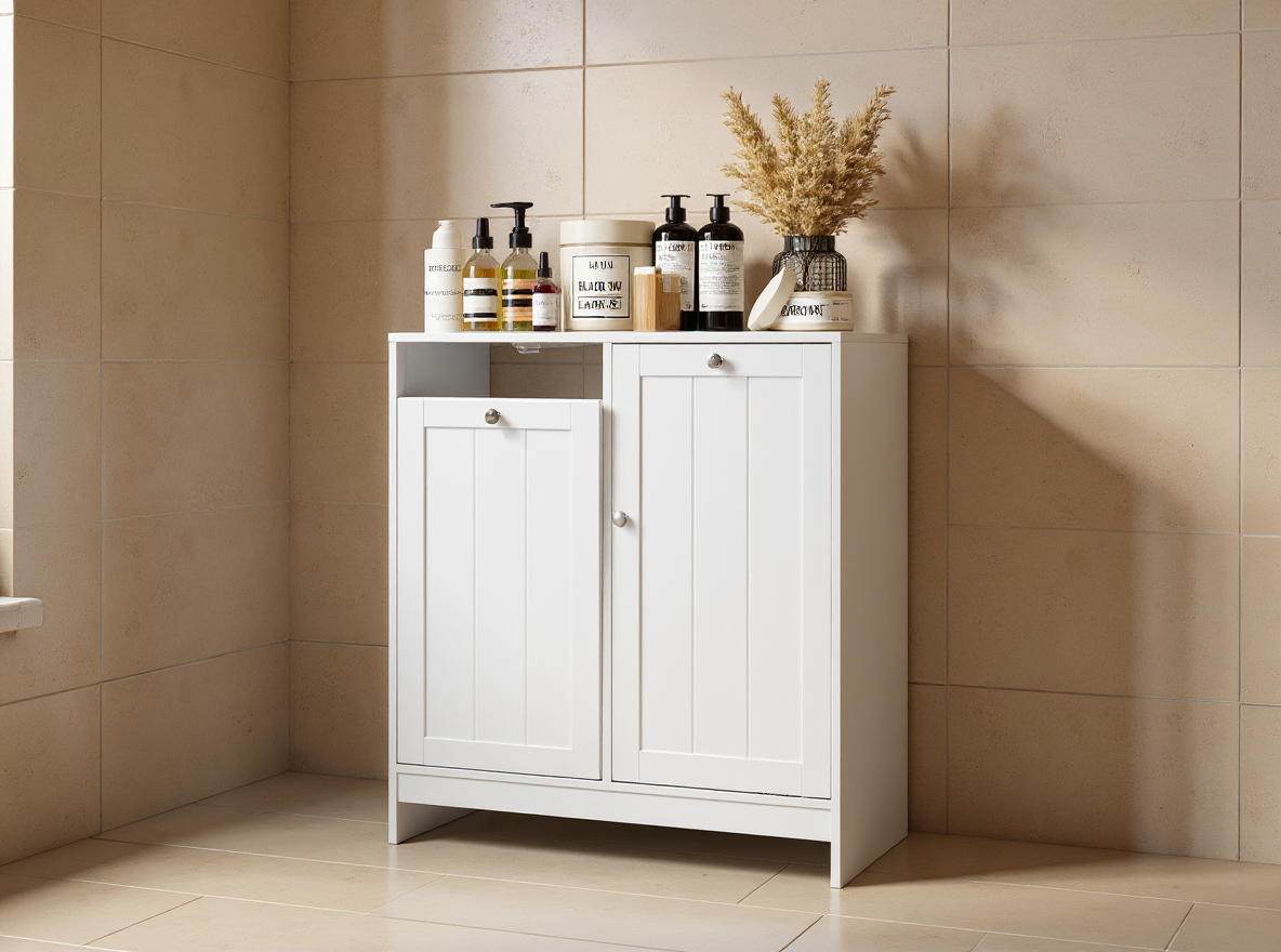 Freistehender Wäschekorb-Schrank 66 x 33 cm in Weiß an einer freien Badwand