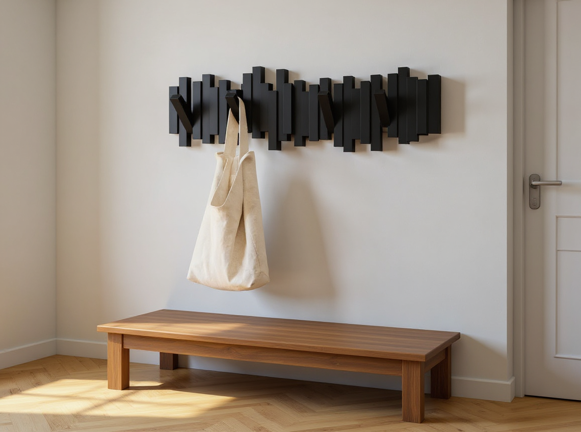 Wandgarderobe 53 cm in Schwarz mit acht Haken im Eingangsbereich