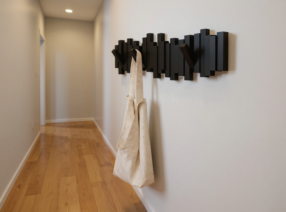 Wandgarderobe 53 cm in Schwarz in einem schmalen Flur, Boden bleibt frei