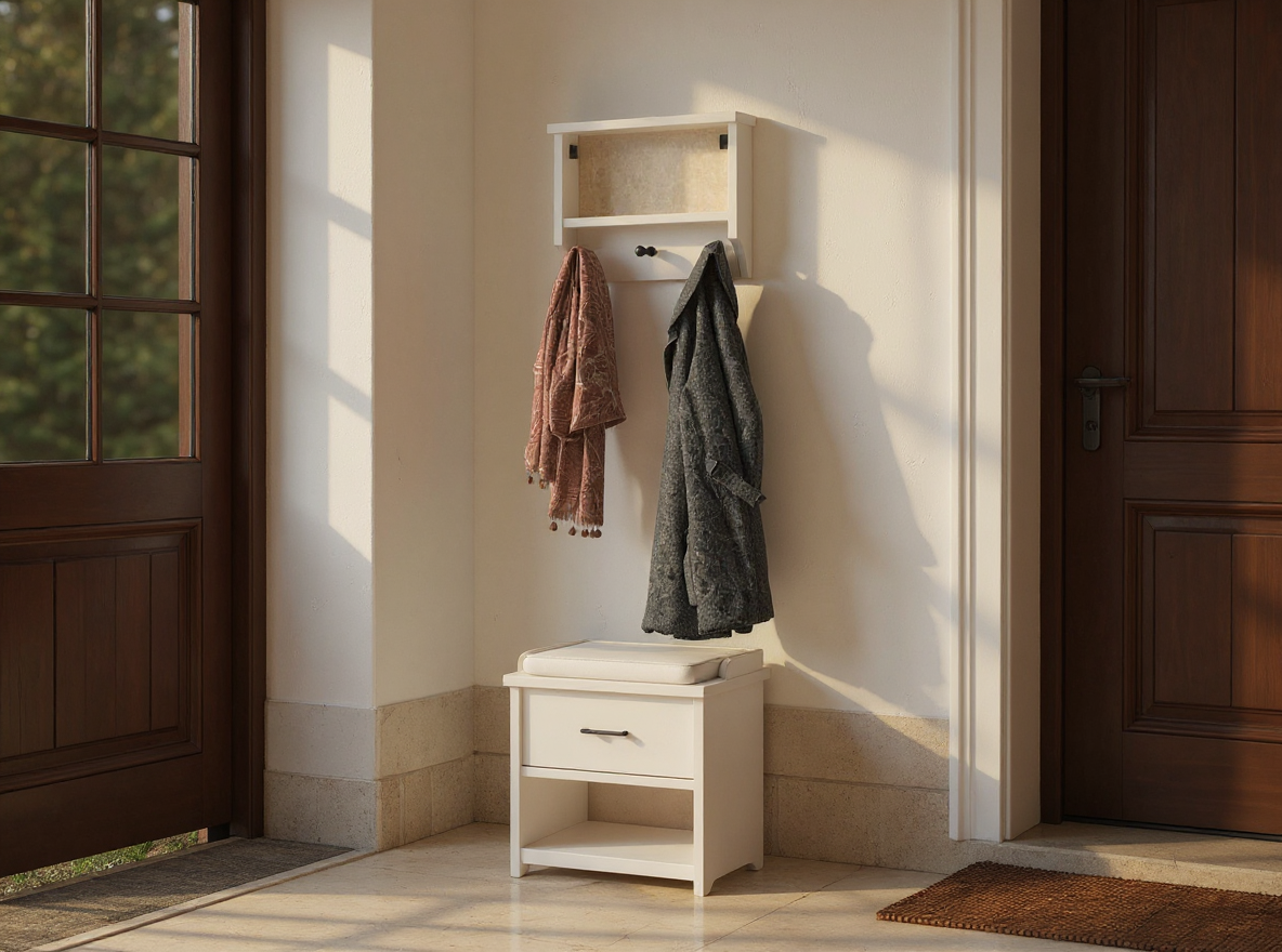 Wandgarderobe SANDNES 45 cm aus Kiefer massiv in Weiß mit Mantel und Tasche