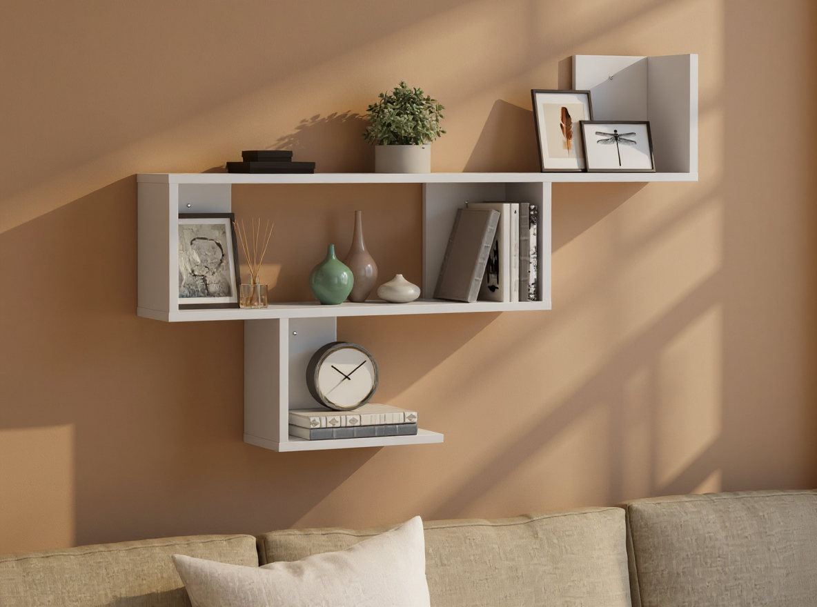 Wandregal 100 cm Holzwerkstoff schwebend ueber dem Sofa, deckt die ganze Wandbreite ab