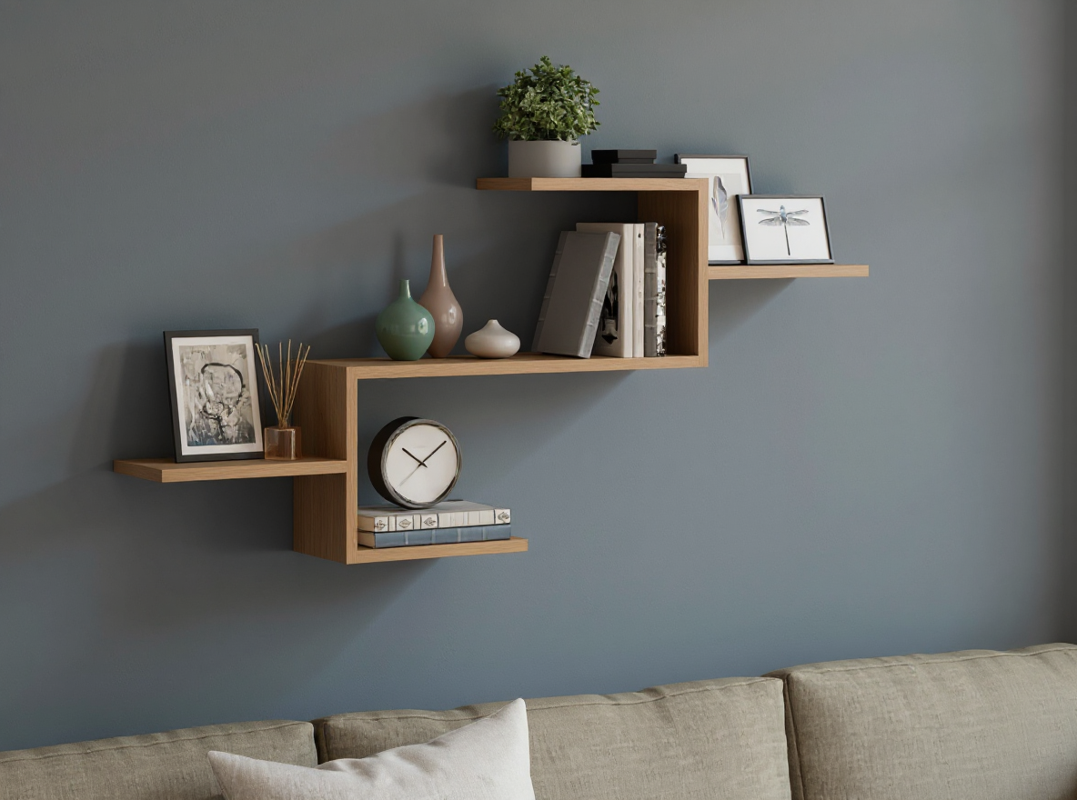 Wandregal 104 cm in Holzoptik über einem Sofa, nur 15 cm tief
