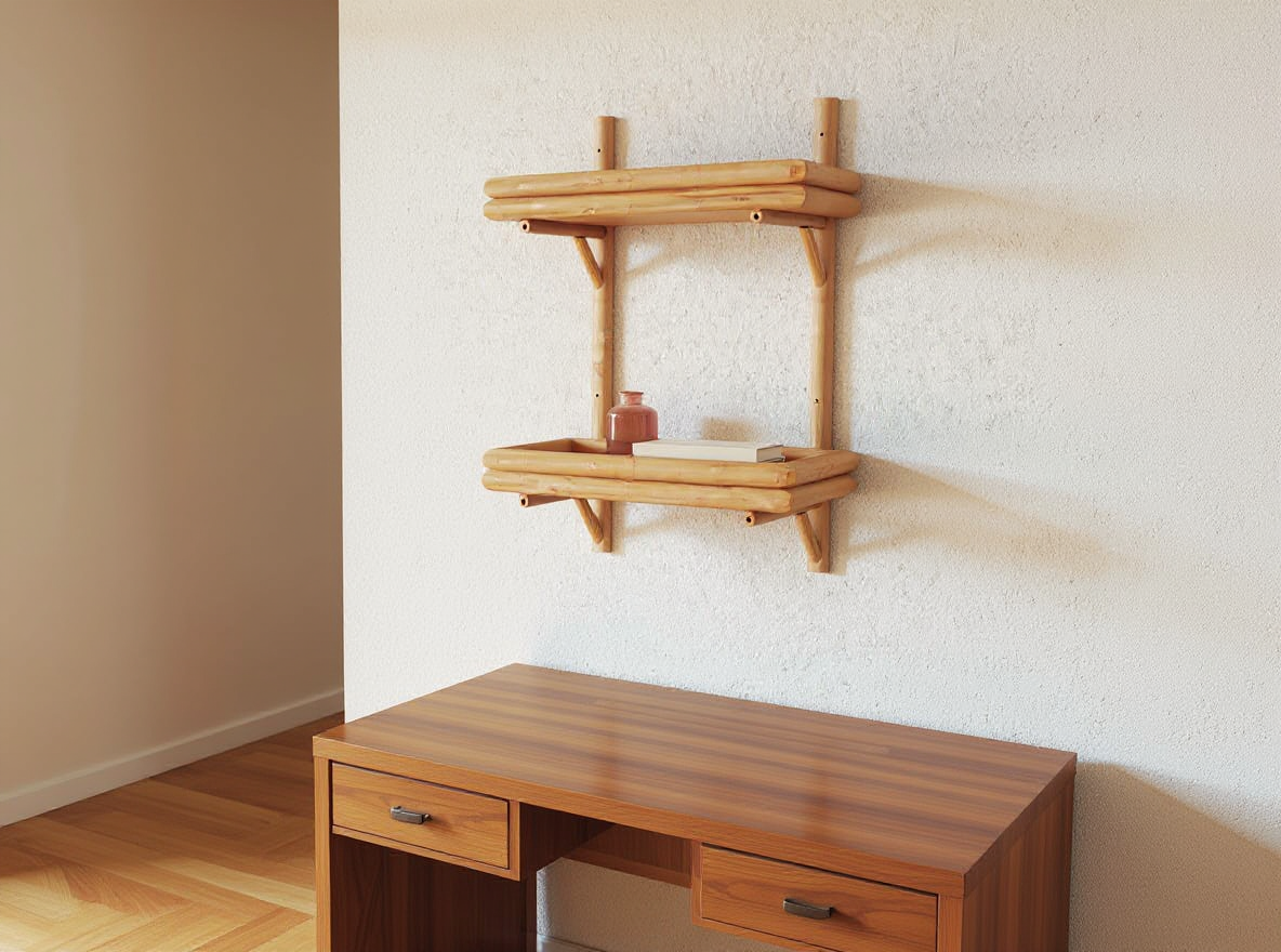 Wandregal 45 cm Bambus braun ueber dem Schreibtisch, der Boden darunter bleibt frei