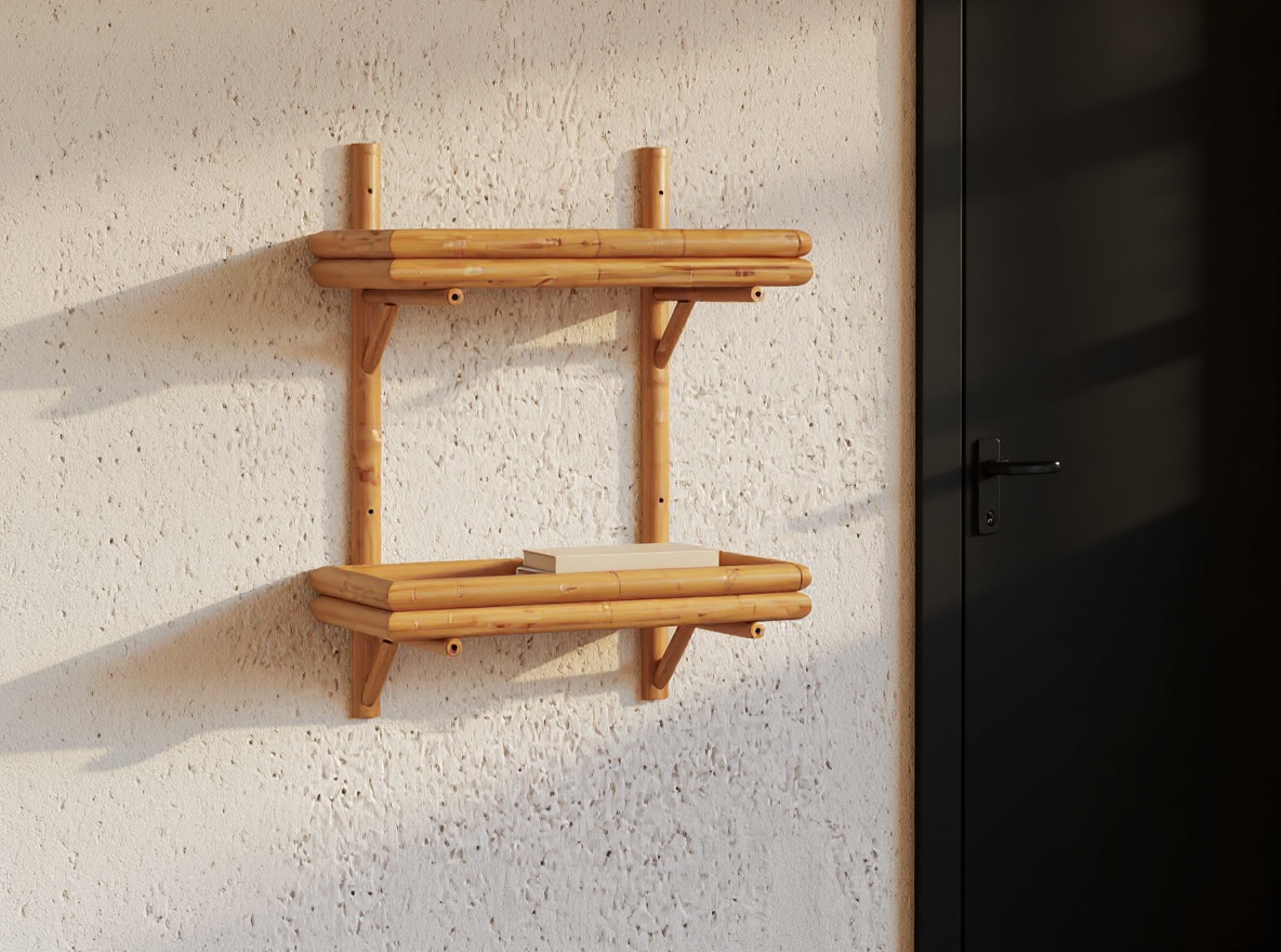 Wandregal 45 cm Bambus braun in Schraegansicht im Flur, 26 cm Tiefe und 60 cm Hoehe erkennbar