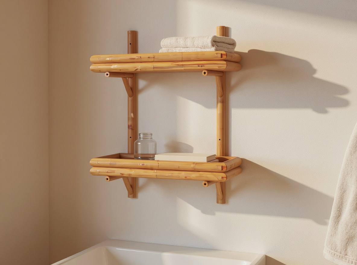 Wandregal 45 cm Bambus braun in Nahansicht, Maserung des Bambus im Tageslicht