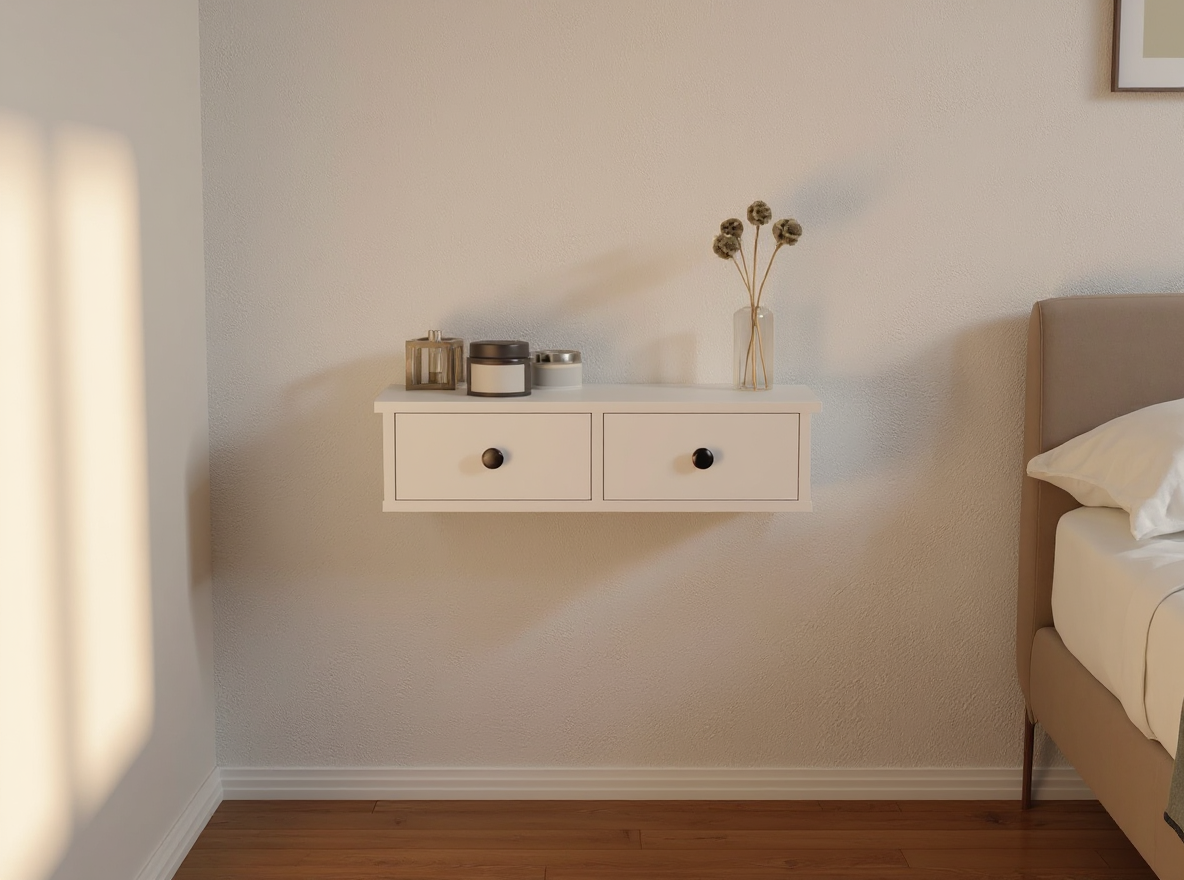 Schwebendes Wandregal 60 cm mit freiem Boden darunter im Schlafzimmer