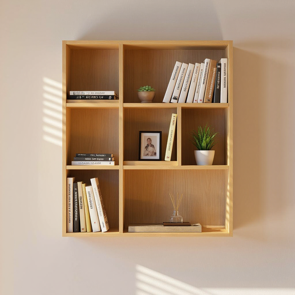 Wandregal 90 cm mit Büchern, Bilderrahmen und kleiner Pflanze, jedes Stück in einem eigenen Fach