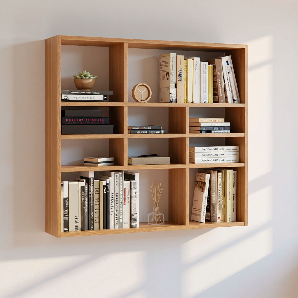 Wandregal 90 cm mit schweren gebundenen Büchern in den Fächern, Böden bleiben gerade