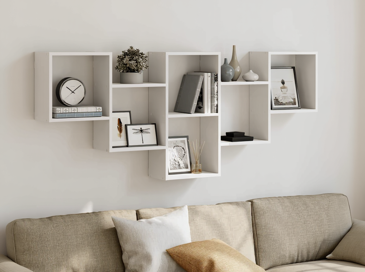 Wandregal-Set 159 cm Betongrau über einem Sofa an einer freien Wand, 159 cm Breite