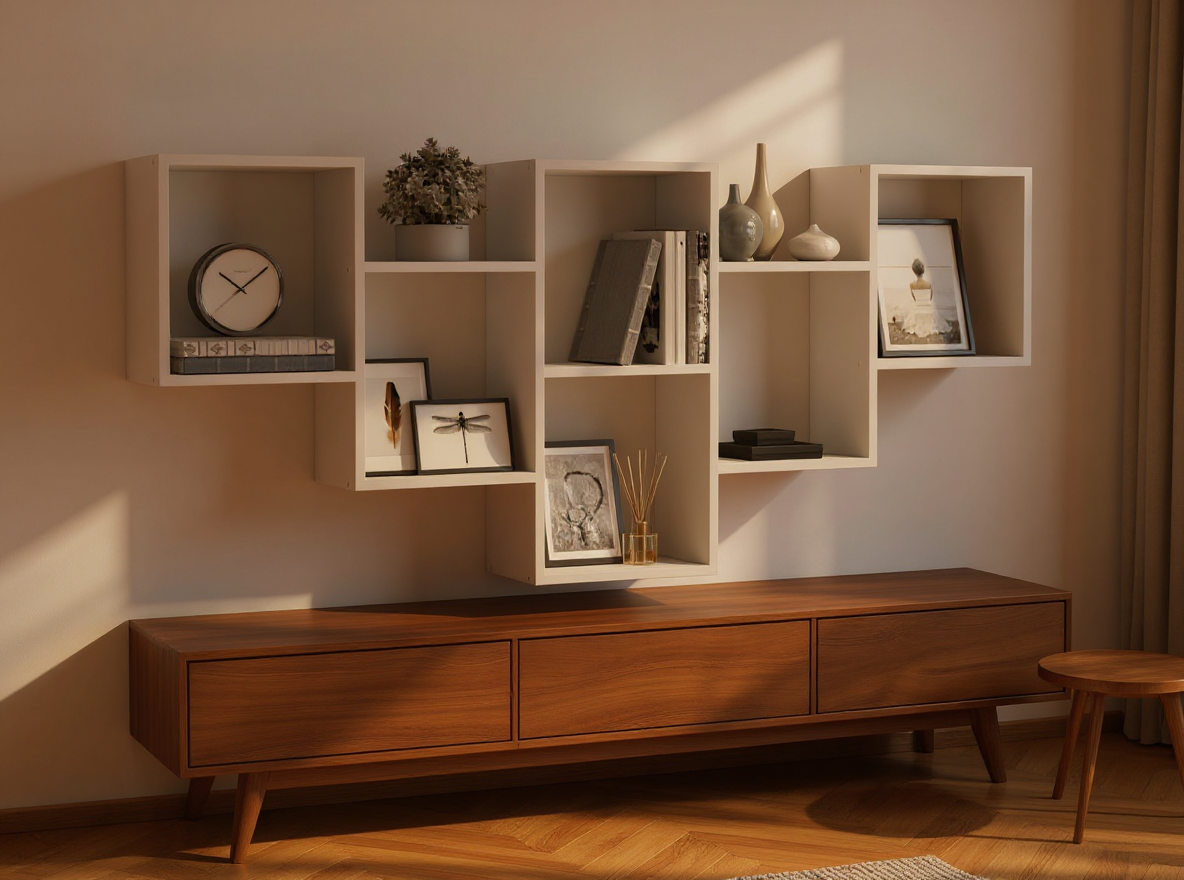 Wandregal-Set 159 cm in Betongrau neben Holzmöbeln im Wohnraum
