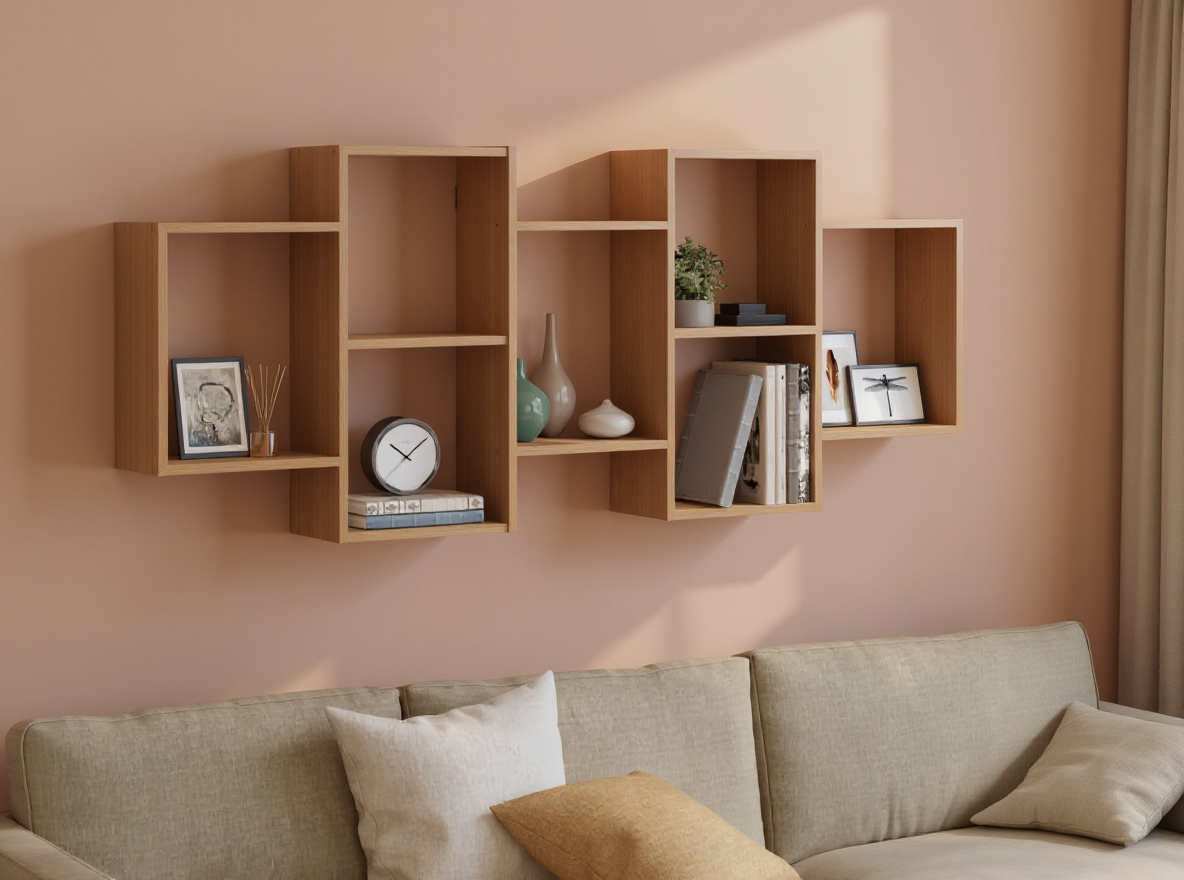 Wandregal-Set 159 cm Sonoma Eiche füllt eine leere Wand über dem Sofa