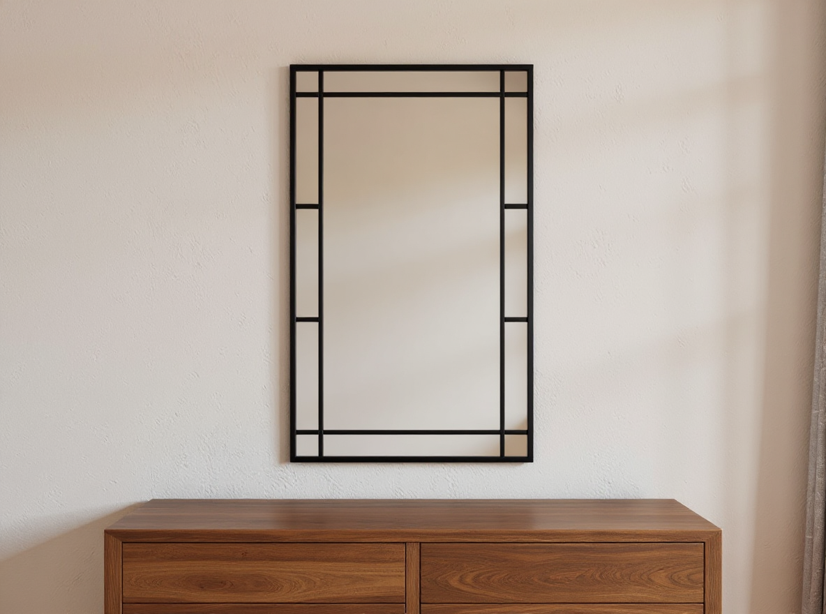 Wandspiegel 60 x 100 cm mit schwarzem Metallrahmen quer ueber der Kommode aufgehaengt