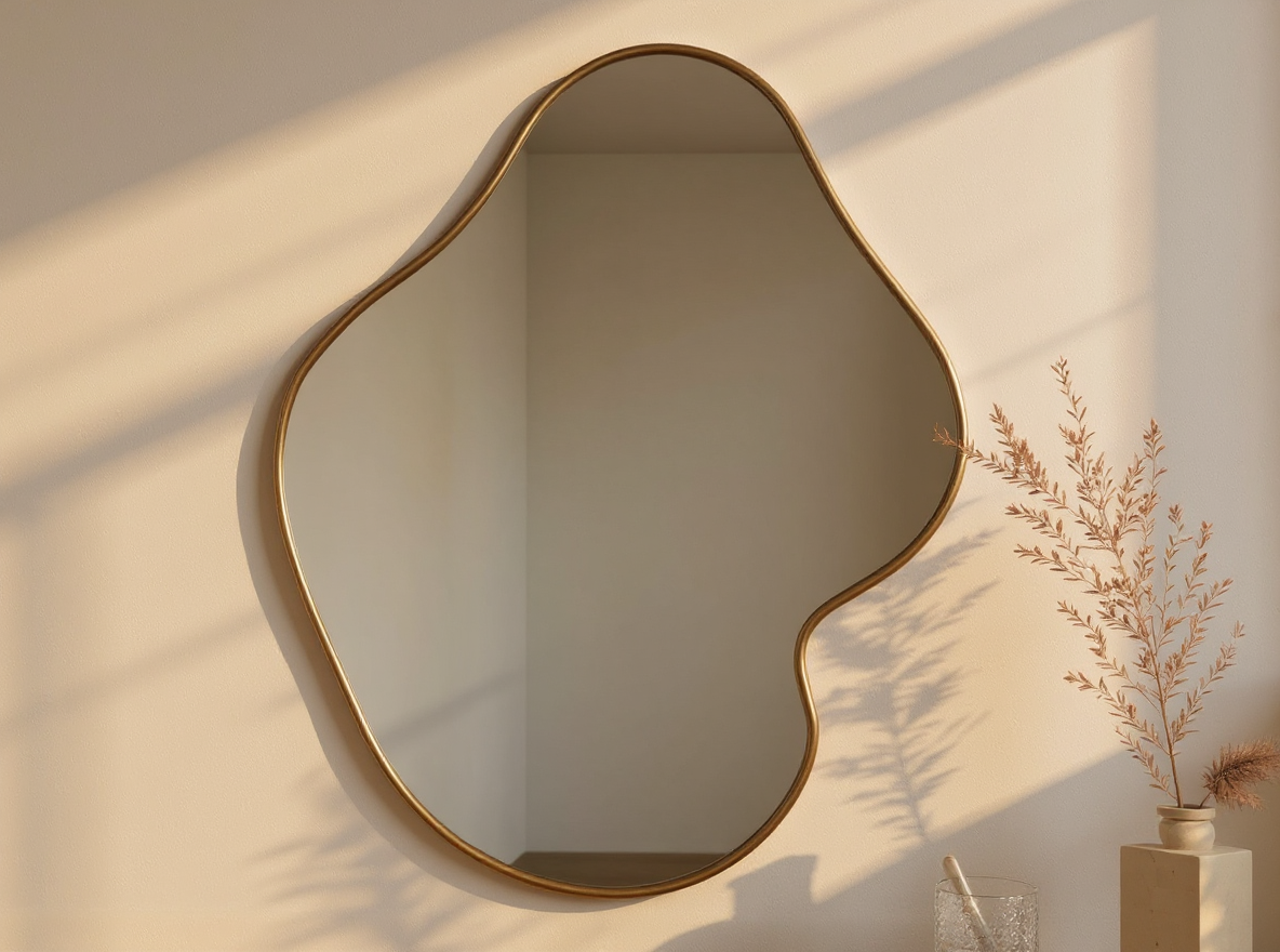 Asymmetrischer Wandspiegel Gold 60 x 50 cm neben eckigem Schrank und Bild