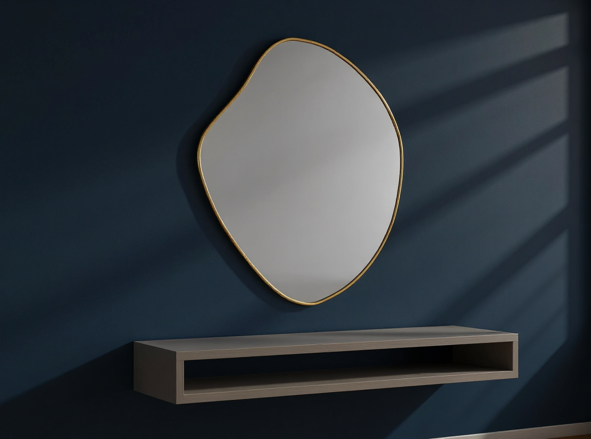 Ovaler Wandspiegel Gold 60 x 50 cm neben Tuerrahmen und eckiger Kommode