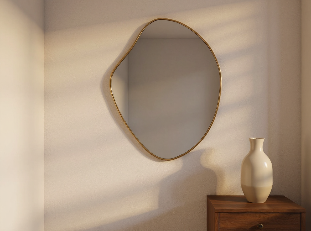 Ovaler Wandspiegel Gold 60 x 50 cm auf schmaler Wand im kleinen Schlafzimmer