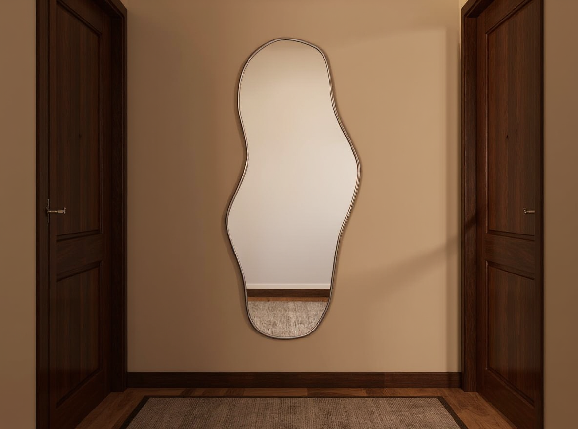 Schmaler Wandspiegel Silber 100 x 45 cm auf schmalem Wandstueck im Flur